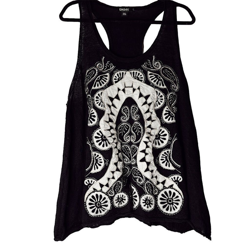 Dkny Black & White Embroidered Sleeveless Top Boho Style